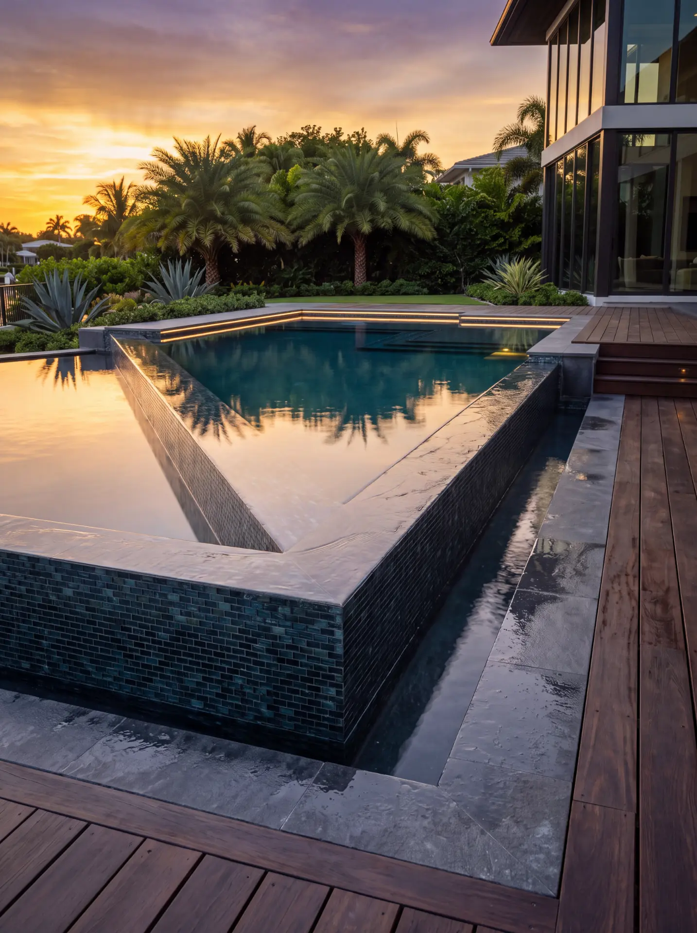 Modern perimeter-overflow pool with dark glass tile and ipe wood deck at sunset in South Florida