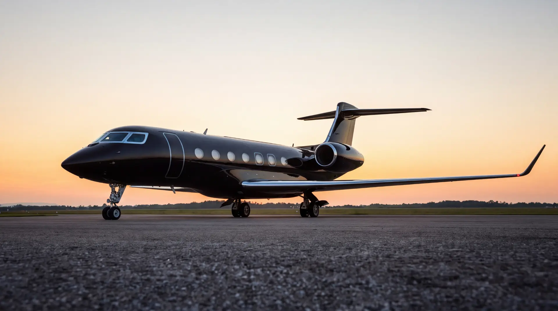 Gloss black Gulfstream private jet parked on a runway at sunset