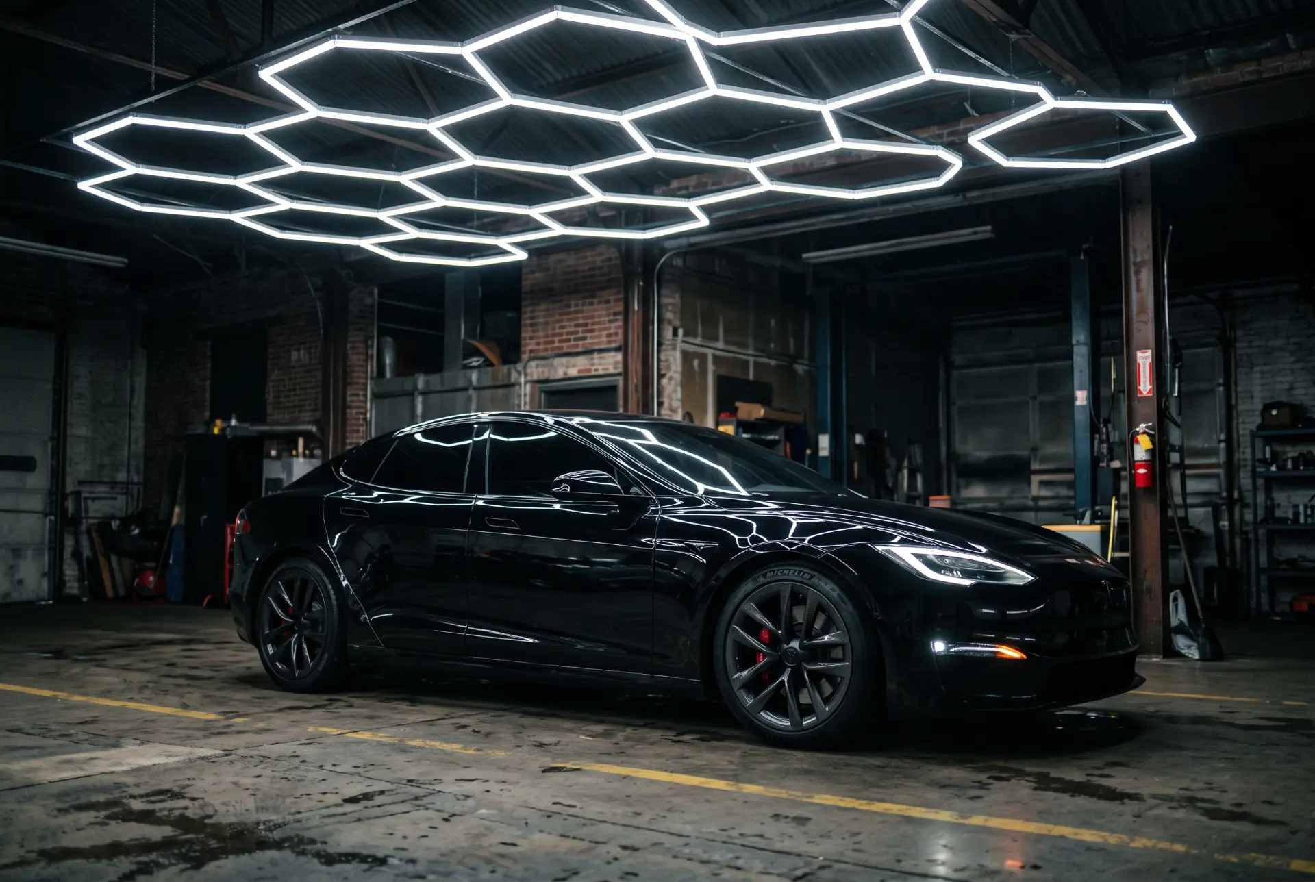 Professional auto detailer polishing a luxury sedan in a modern South Florida garage