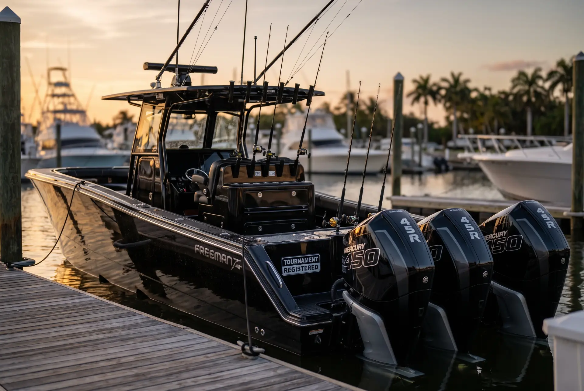 Blacked-out Freeman center console with triple Mercury 450R outboards docked at a South Florida marina at sunset
